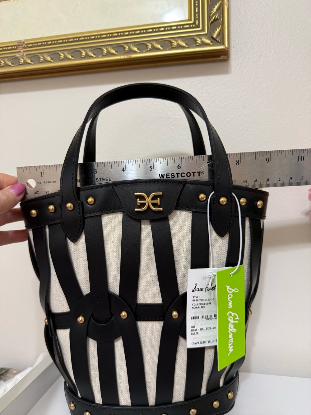 Sam Edelman Black and Cream Striped Leather-Trim Bucket Tote - Picture 10 of 12